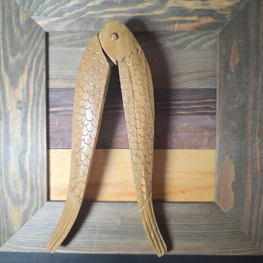 VTG Hand Carved Solid Wood Fish Shape Double Nut Cracker 8
